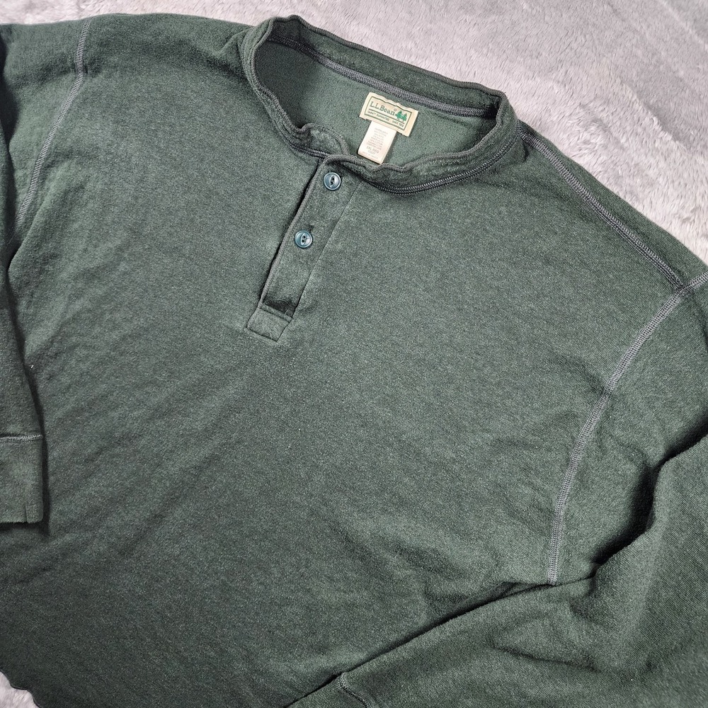 VINTAGE L.L.Bean Sweater Mens 2XL Green Cotton Wool Thermal Henley Long Sleeve